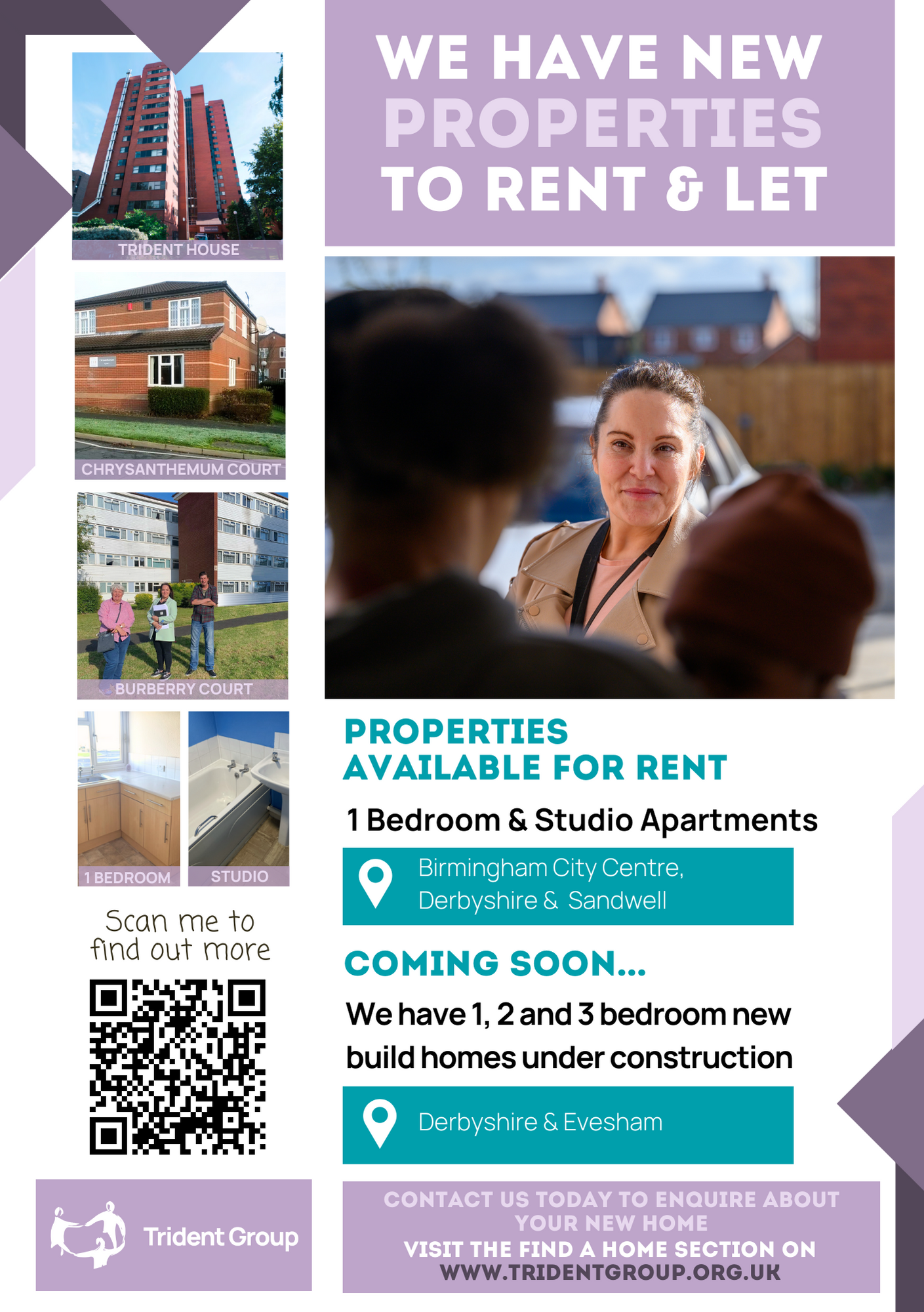 Flyer showing images of Trident House, Burberry Court and Chrysanthemum informing people they have properties to let.